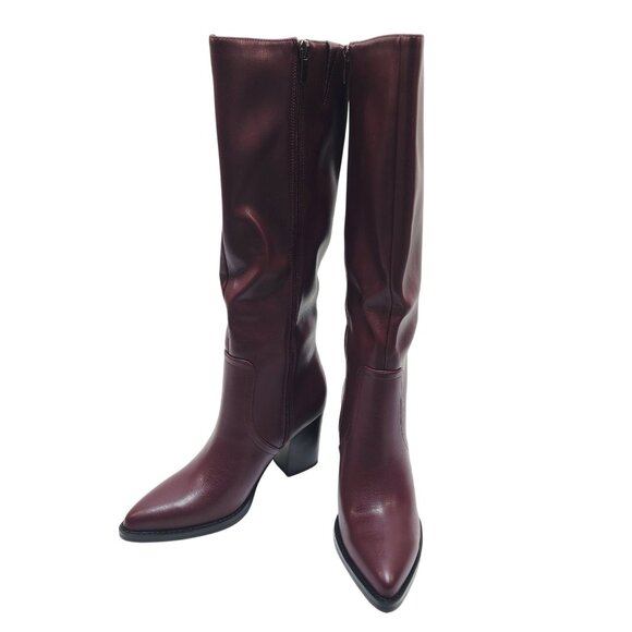 Womens Burgundy Knee-High Heeled Boots 6.5 Faux Leather Side Zipper Block Heel - Picture 5 of 9